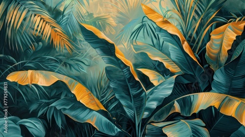 Background of tropical leaves with muted colors.
