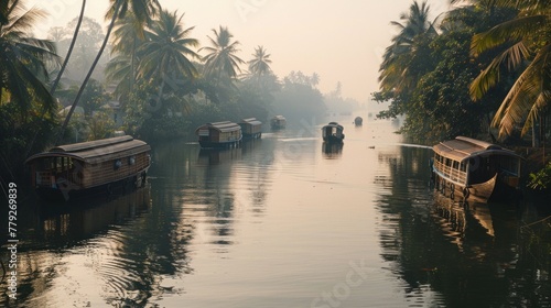 Kerala backwaters, a popular tourist spot and a way of life for locals, feature houseboats floating on their waters. photo