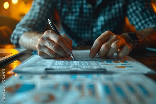 A person meticulously scrutinizes financial charts and data on papers spread out on a desk with digital devices nearby