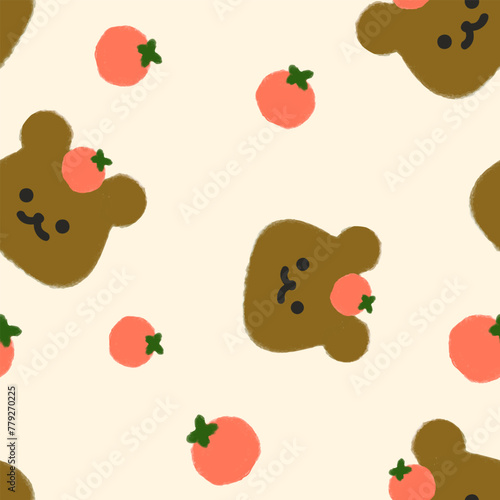 cute brown hand drawn teddy bear kawaii face with orange peaches, kids food seamless pattern background for textile, fabric or decor