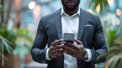 Young African American businessman holding modern smart phone in hands, checking his newsfeed or messaging online. photo
