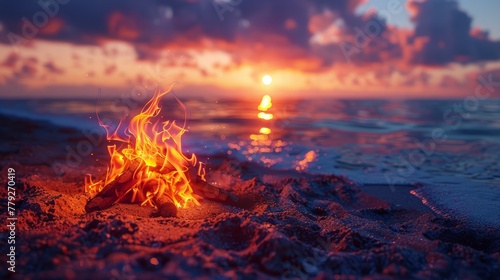 Beach bonfire 3d handmade style glowing in the twilight, colorful