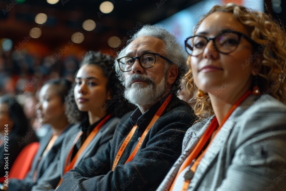 An elderly gentleman with a white beard engaged at a seminar, among a diverse audience An elderly gentleman with a white beard engaged at a seminar, among a diverse audience