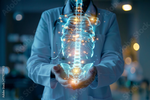 A glowing, holographic backbone is cradled in the hands of a person in a white lab coat
