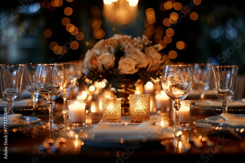 Intimate and warm candlelit table setting featuring a lush rose centerpiece and elegant glassware, creating a romantic ambiance