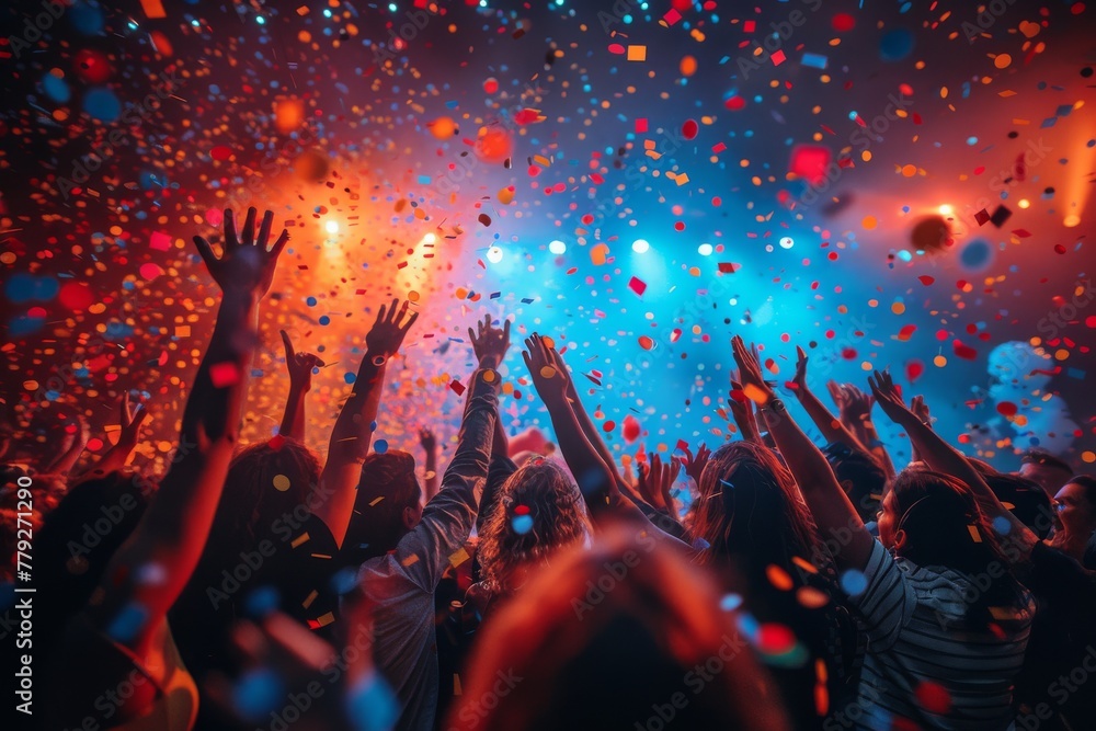 A high-energy crowd with raised hands enjoys the dynamic atmosphere of a live concert with vibrant stage lights