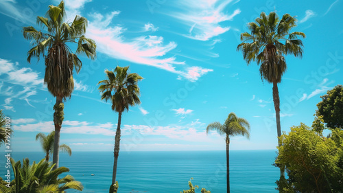 A serene coastal view with palm trees and a cloudless blue sky.