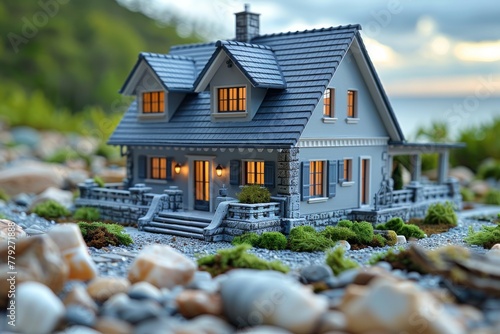 A beautifully crafted miniature stone house bathed in the golden glow of twilight, surrounded by a nature scene photo