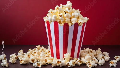 Close-up of popcorn in a red and white packaging. Red background.
