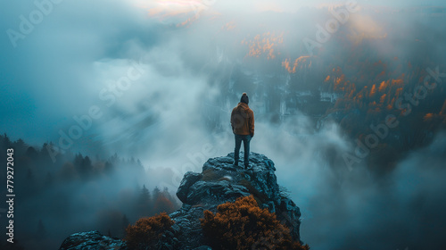 A man stands on a mountain top, looking out over a foggy landscape. AI.