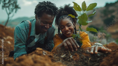 Couple planting a tree together, AI generated.