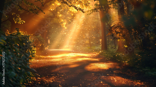 A path in a forest with sunlight shining through the trees. AI.