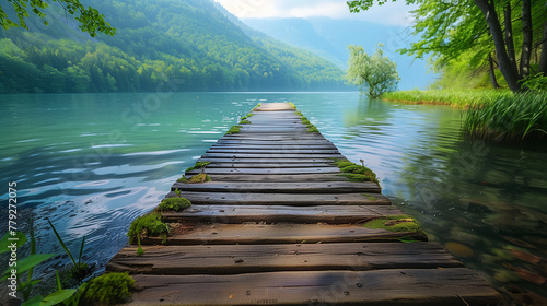 A wooden bridge spans a body of water. AI. photo