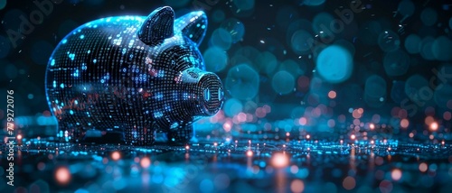 blue digital  piggy bank with binary code stream, ai  in financial management systems, budgeting apps, investment platforms, and personalized savings strategies.
 photo