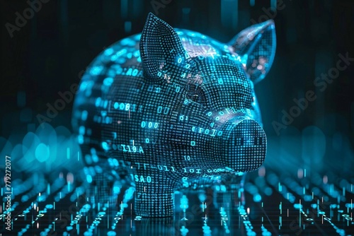 blue digital  piggy bank with binary code stream, ai  in financial management systems, budgeting apps, investment platforms, and personalized savings strategies.
 photo