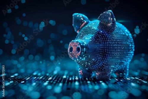 blue digital  piggy bank with binary code stream, ai  in financial management systems, budgeting apps, investment platforms, and personalized savings strategies.
