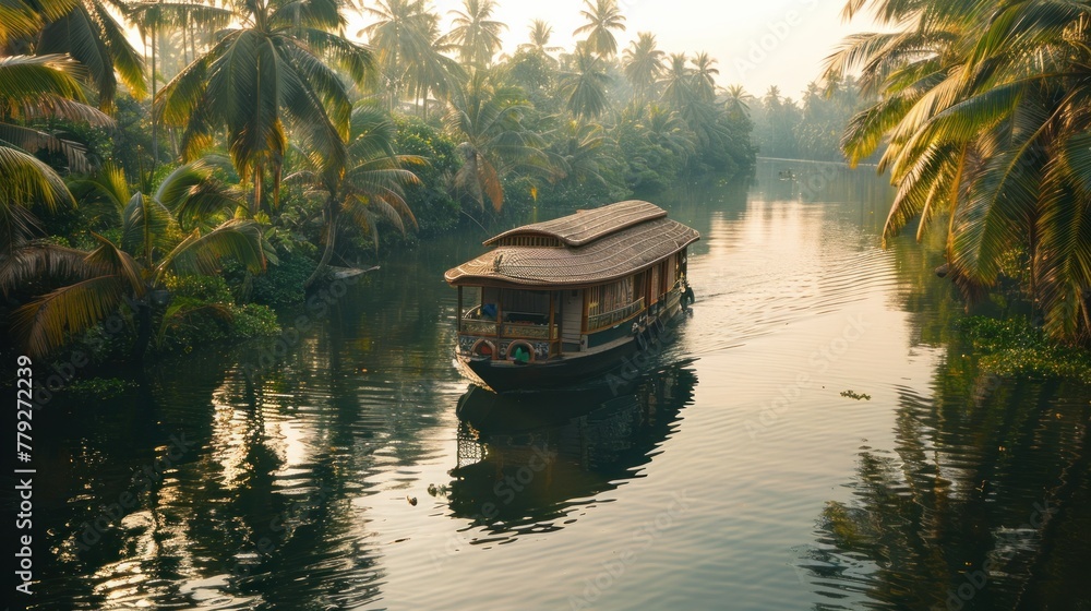 A traditional houseboat floats on serene backwaters surrounded by lush palm trees in Alappuzha, Kerala, India.