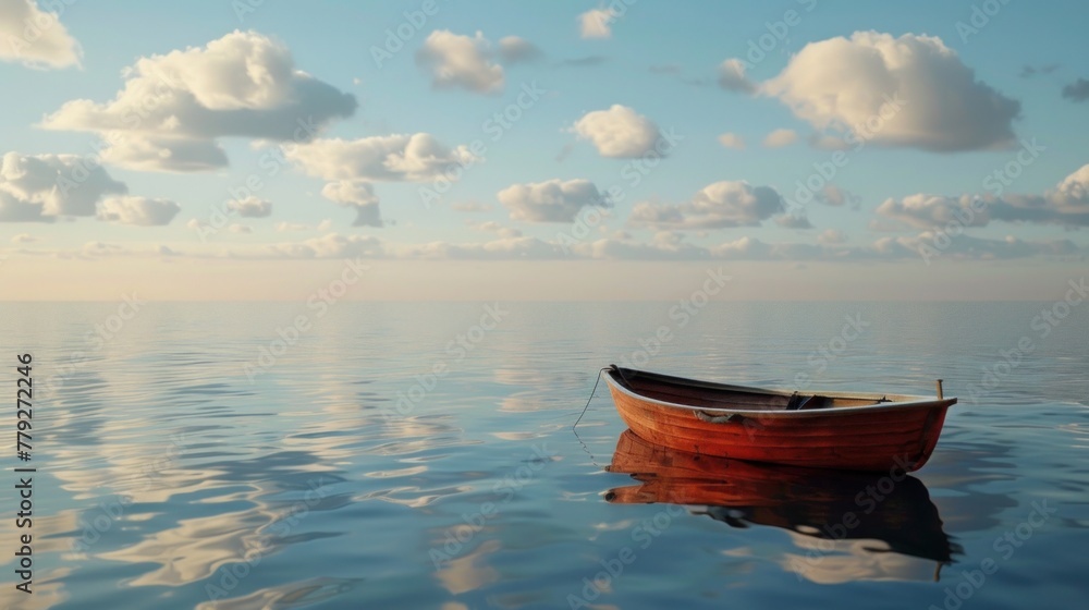 A tiny fishing boat floats on calm summery seas