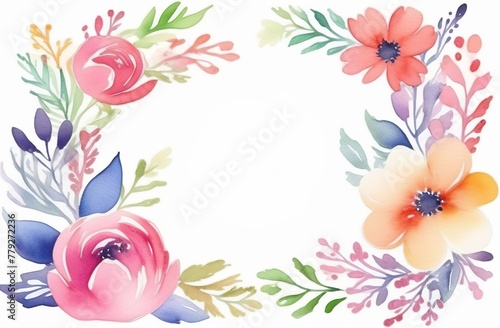 Watercolor flowers for postcard template, decorative wreath of leaves. Watercolour composition for wedding invitation. Space for text in the middle. White background.