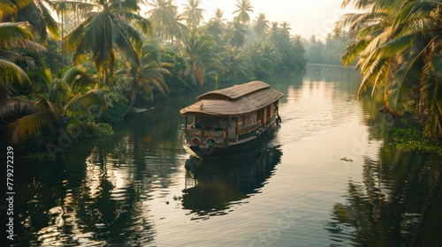 A traditional houseboat floats on serene backwaters surrounded by lush palm trees in Alappuzha, Kerala, India. photo