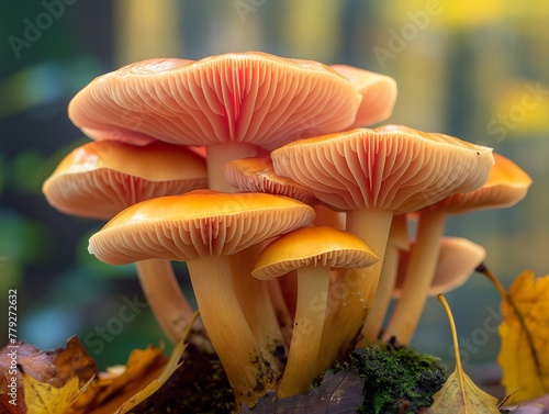 A group of mushrooms with a reddish-orange hue. The mushrooms are clustered together and appear to be growing on a log. The image has a natural and earthy feel to it