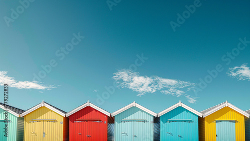 A colorful row of beach huts standing against a bright blue sky. © CREATER CENTER