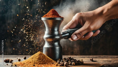 An action shot capturing the process of grinding spices in a manual spice grinder.