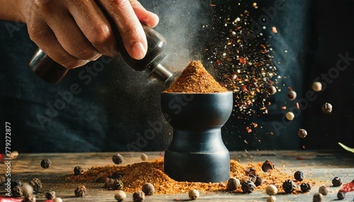 An action shot capturing the process of grinding spices in a manual spice grinder.