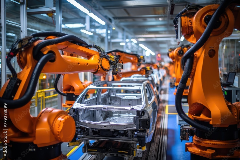 Robotic arms working on assembly line in a car manufacturing plant Robotic arms working on assembly line in a car manufacturing plant