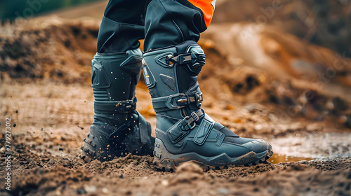 A Pair of Rugged and Durable Motocross Boots Splattered with Adventure Marks photo
