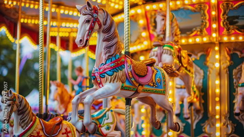 A colorful carousel spinning merrily in a summer carnival, with delighted children riding on intricately painted horses. photo
