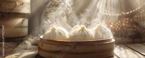 Freshly made Baozi steam visible photo