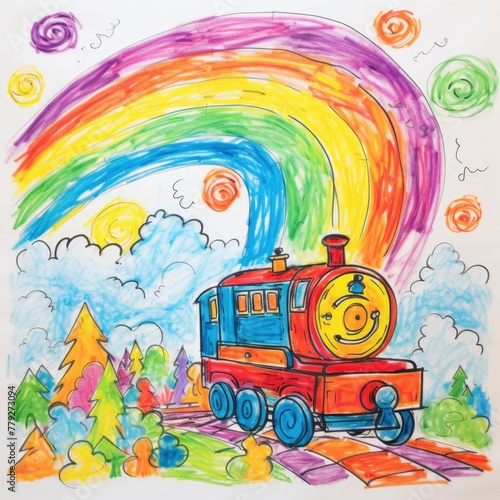 Child s drawing of a colorful rainbow and train