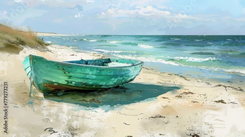 A small, emerald-colored boat rests peacefully on the sandy shore.
