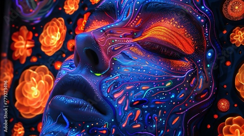 Surrealist illustration, bioluminescent neon stained glass
