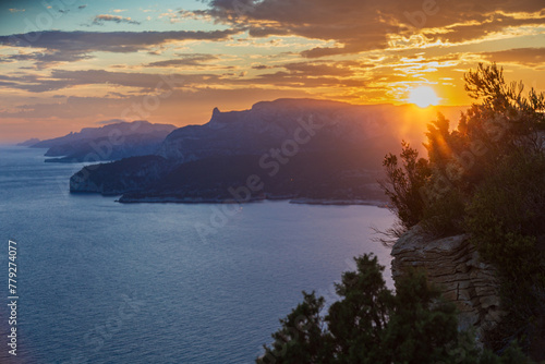 Beautiful landscape with sea and rocks, sunset on the Mediterranean sea, France. photo