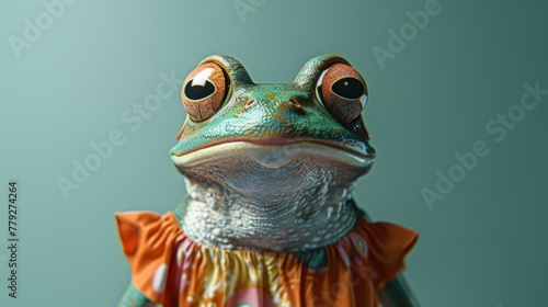 Studio portrait of an elegant frog adorned in a vibrant floral dress, exuding sophistication and charm.