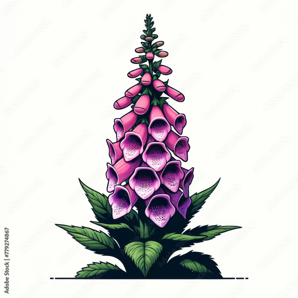 Vibrant digital artwork depicting a lush pink foxglove plant with detailed leaves. - obrazy, fototapety, plakaty 