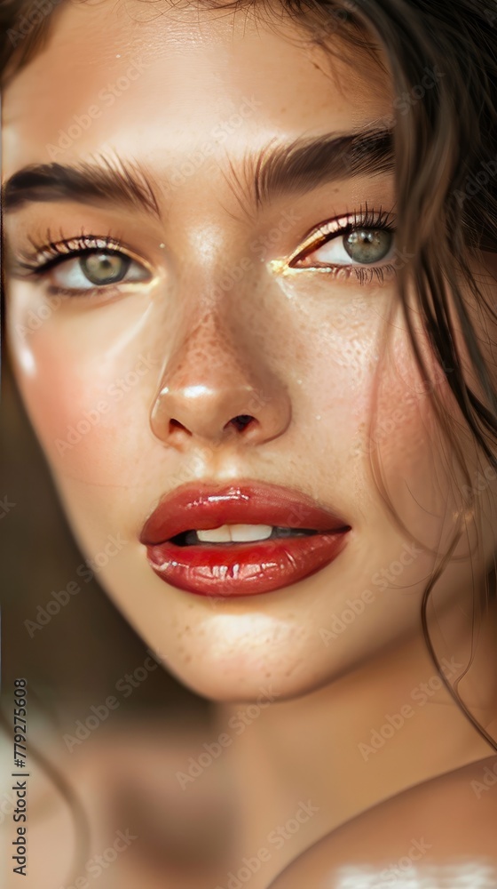a closeup shot of a spanish fashion model looking at camera with eye lashes lipstick full makeup volume of hair straight face looking at camera smiling, vogue photoshoot - generative ai