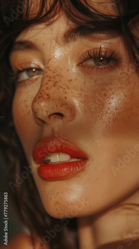 a closeup shot of a spanish fashion model looking at camera with eye lashes lipstick full makeup volume of hair straight face looking at camera smiling, vogue photoshoot - generative ai