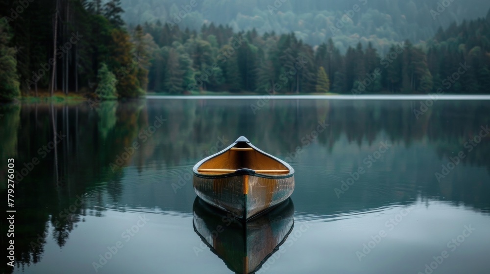 A canoe glides peacefully on the tranquil waters. - obrazy, fototapety, plakaty 