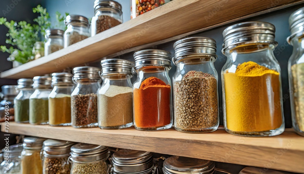 An organized display of spices arranged neatly on a wooden spice rack An organized display of spices arranged neatly on a wooden spice rack