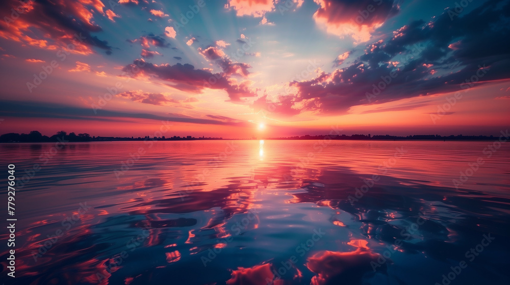 A beautiful sunset over a calm lake with the sun reflecting on the water. AI.