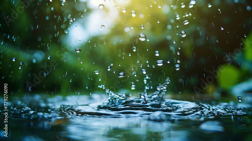 A raindrop falls into a body of water  creating ripples in the water. AI.