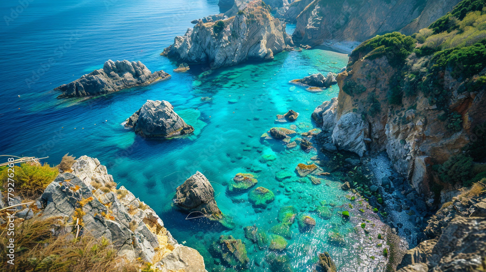 A breathtaking coastal view of rocky cliffs and turquoise waters from above.