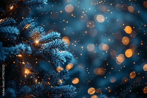 A close-up of evergreen spruce branches adorned with glowing bokeh lights, giving off a magical, festive atmosphere perfect for the holiday season