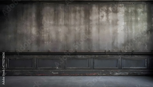 blank gray grunge wall with wainscoting. abandoned empty interior background. 