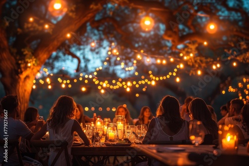 Friends gathered around a festive table outdoor, enjoying a meal under warm string lights at dusk © Larisa AI