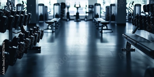 The cool, calm ambiance of an empty fitness gym, with rows of untouched weights and machines waiting for the next day's rush photo