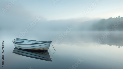 A boat floats still on a serene lake, shrouded in a veil of morning fog.